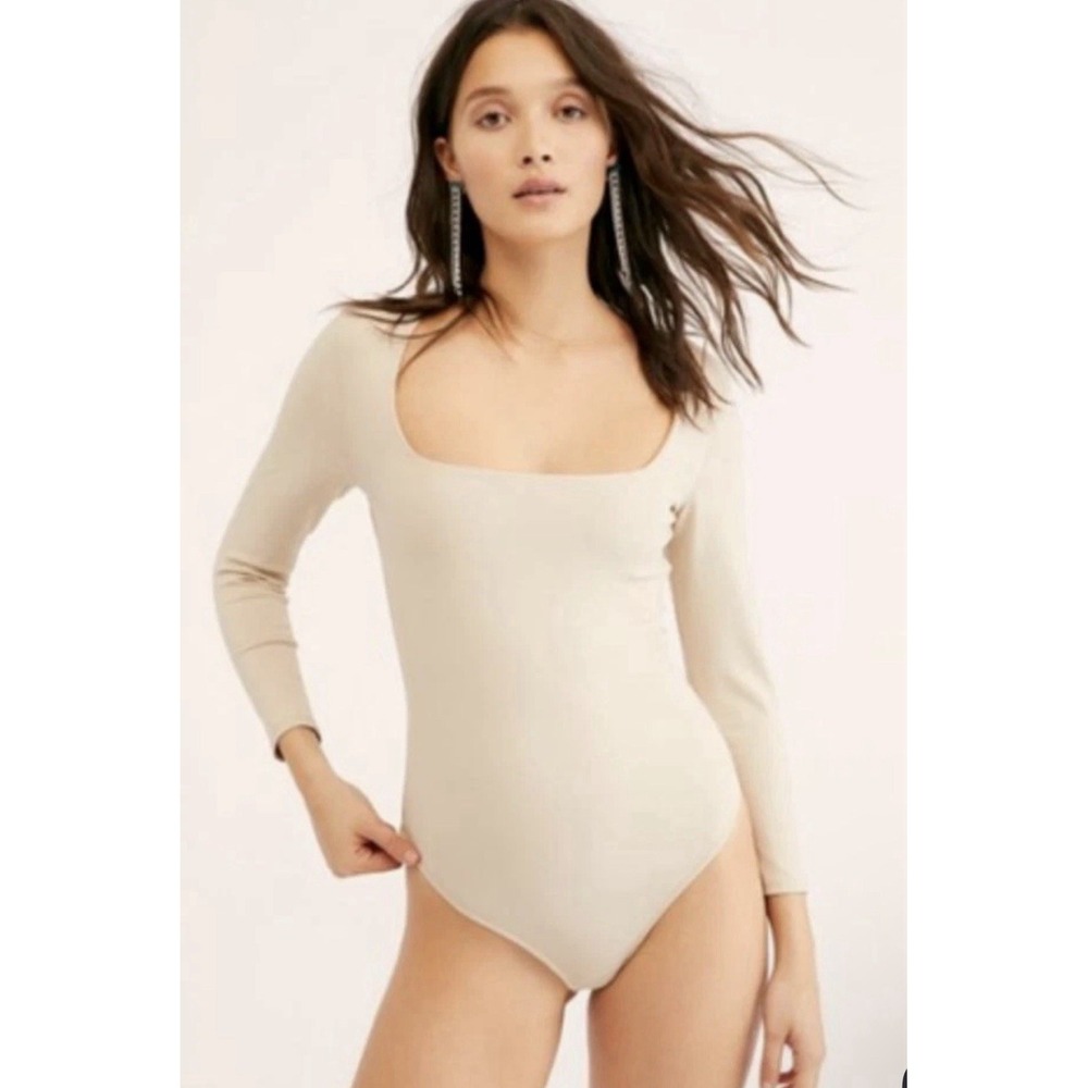 NWT Free People Intimately L Truth or Square Bodysuit Long Sleeve Stretch Beige